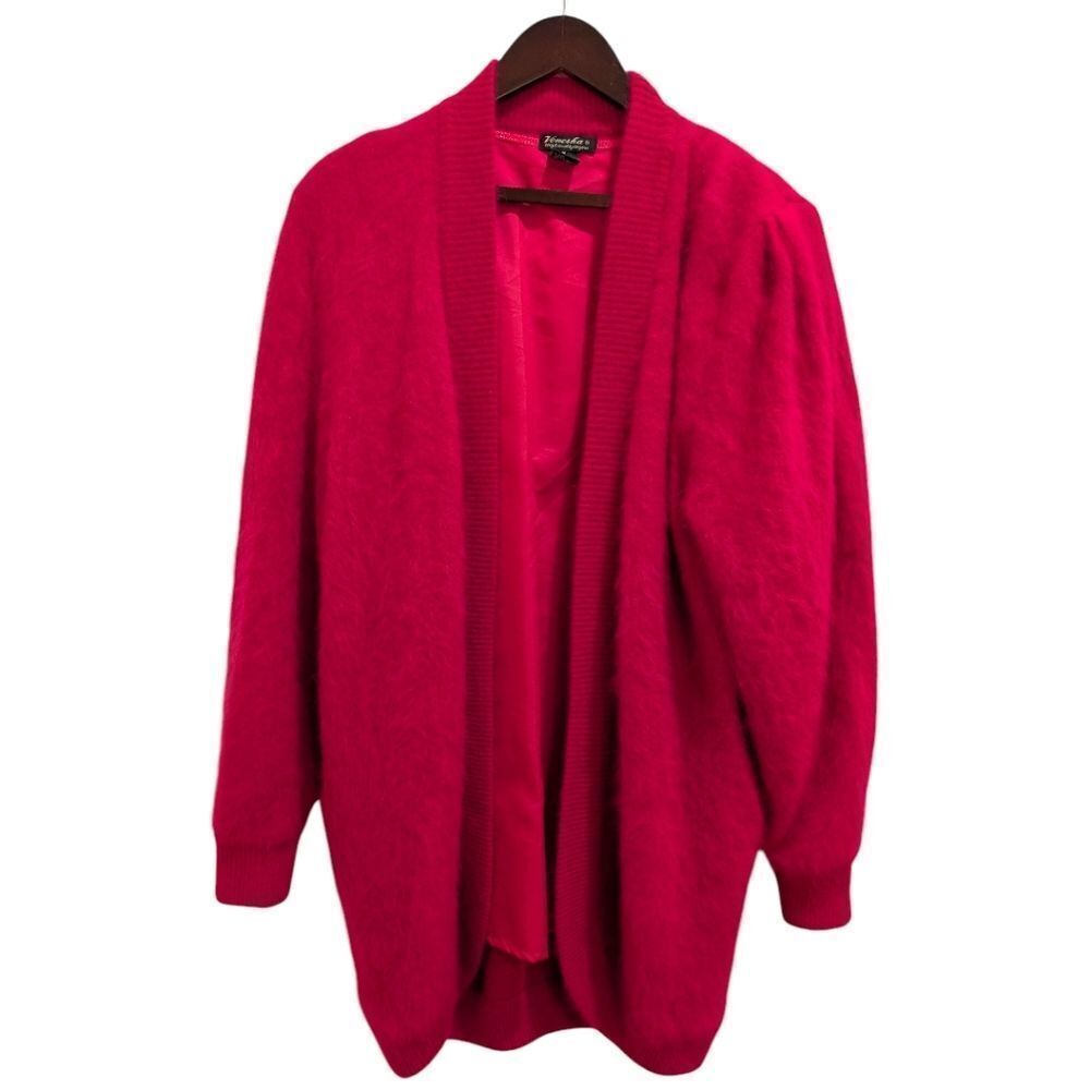 VTG Venesha Pink Angora Wool Blend Shaggy Oversized Cardigan Jacket Lined M